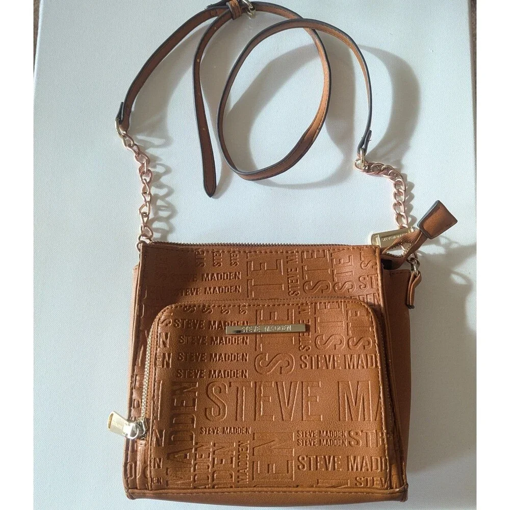 Steve Madden Purse Brown Cognac Logo Embossed Faux Leather Crossbody Bag Gold